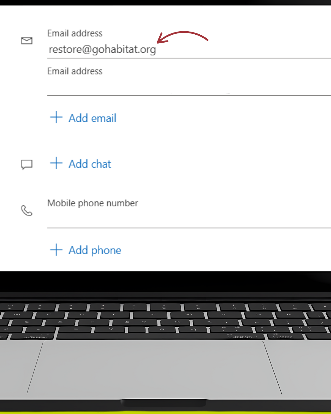 Screen of a laptop displaying an email address entry in a text box (using Outlook).