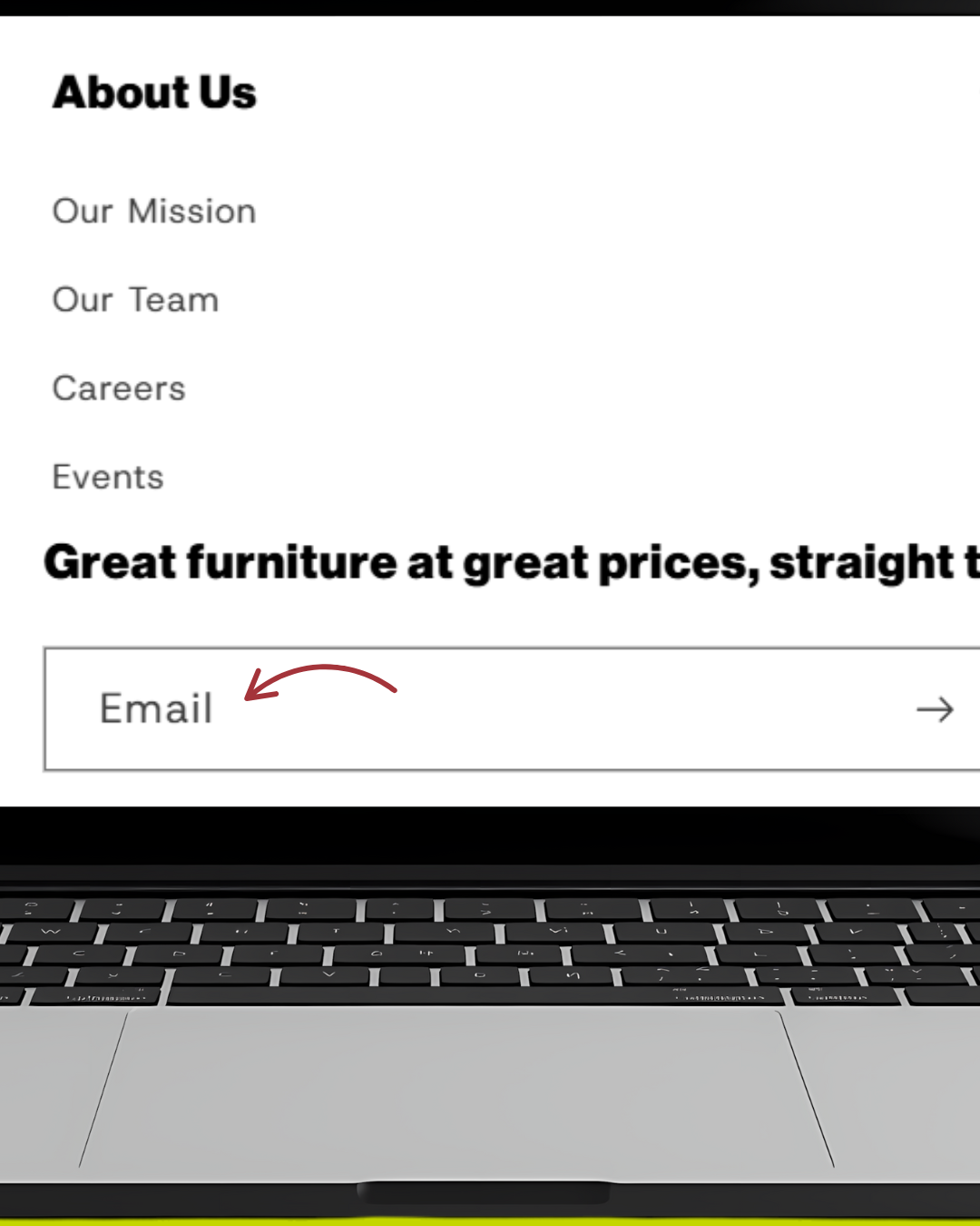 ReStore webpage on a laptop screen with 'About Us' section and an email subscription text box at the bottom of the page.