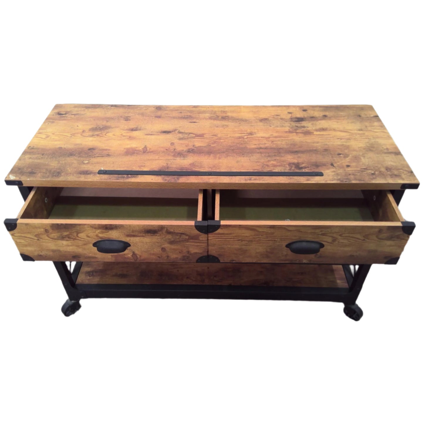 Rustic Pine TV Stand, front with drawers open