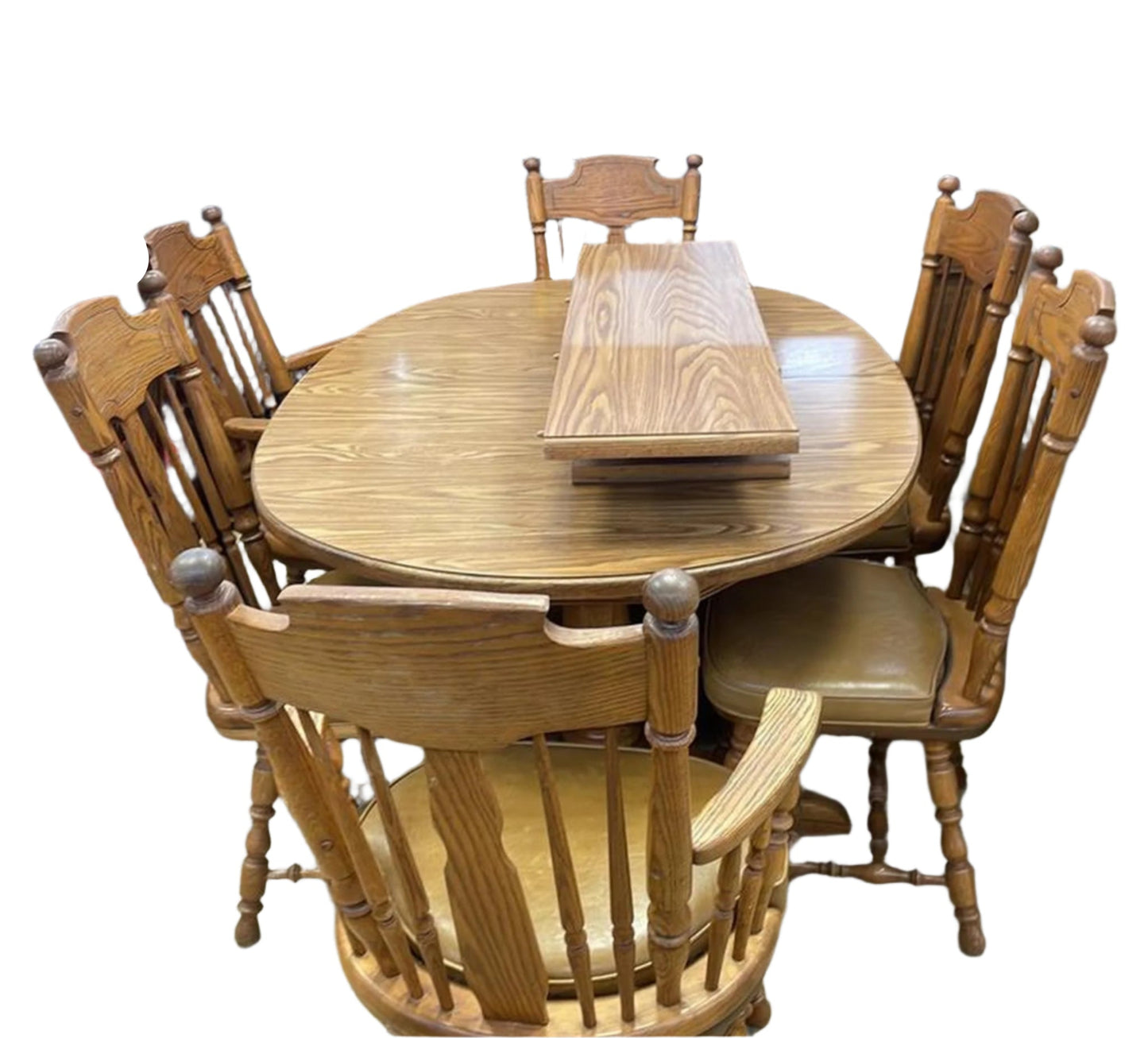 Oak Dining Table with Six Slat-Back Chairs, right side