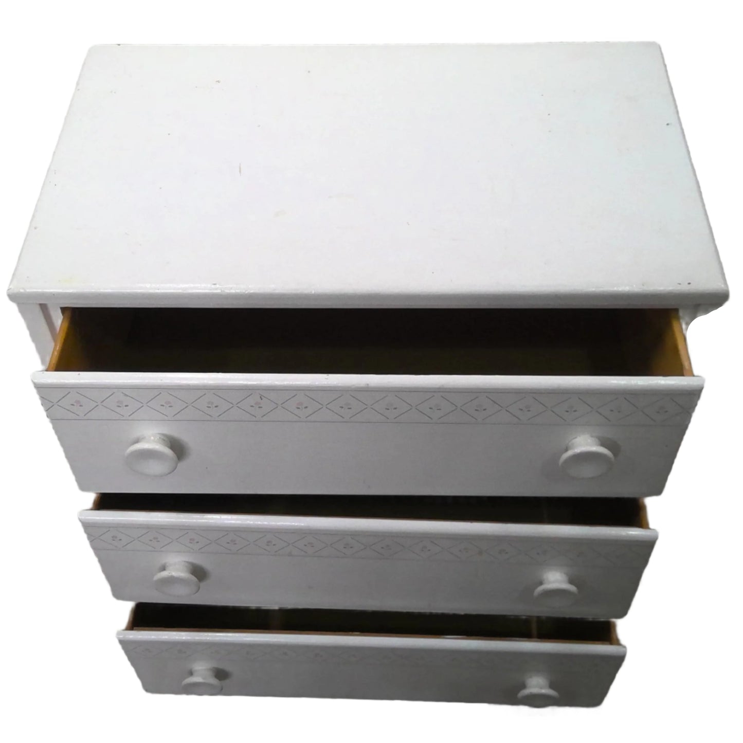 White 3-Drawer Dresser, aerial view of dresser with drawers open