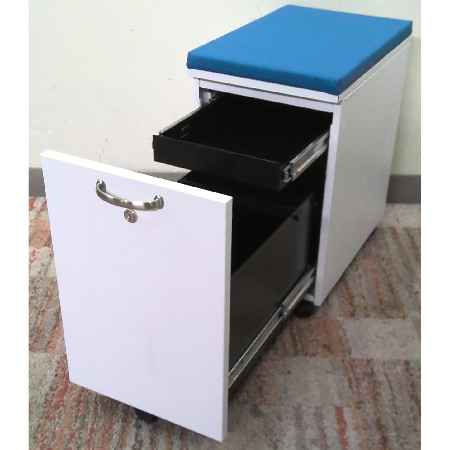 Rolling File Cabinet with Blue Cushion