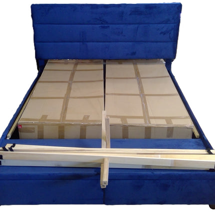 New Blue Upholstered Queen Bed Frame with Two Footboard Storage Drawers