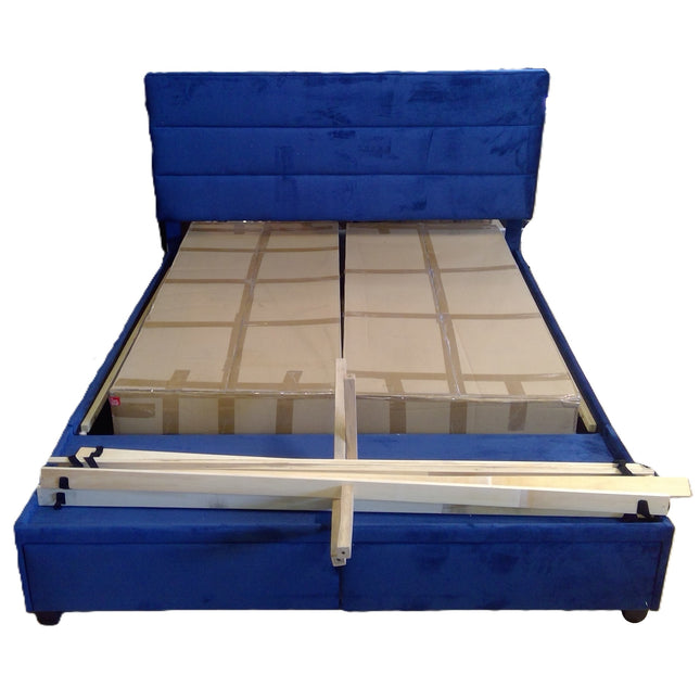New Blue Upholstered Queen Bed Frame with Two Footboard Storage Drawers