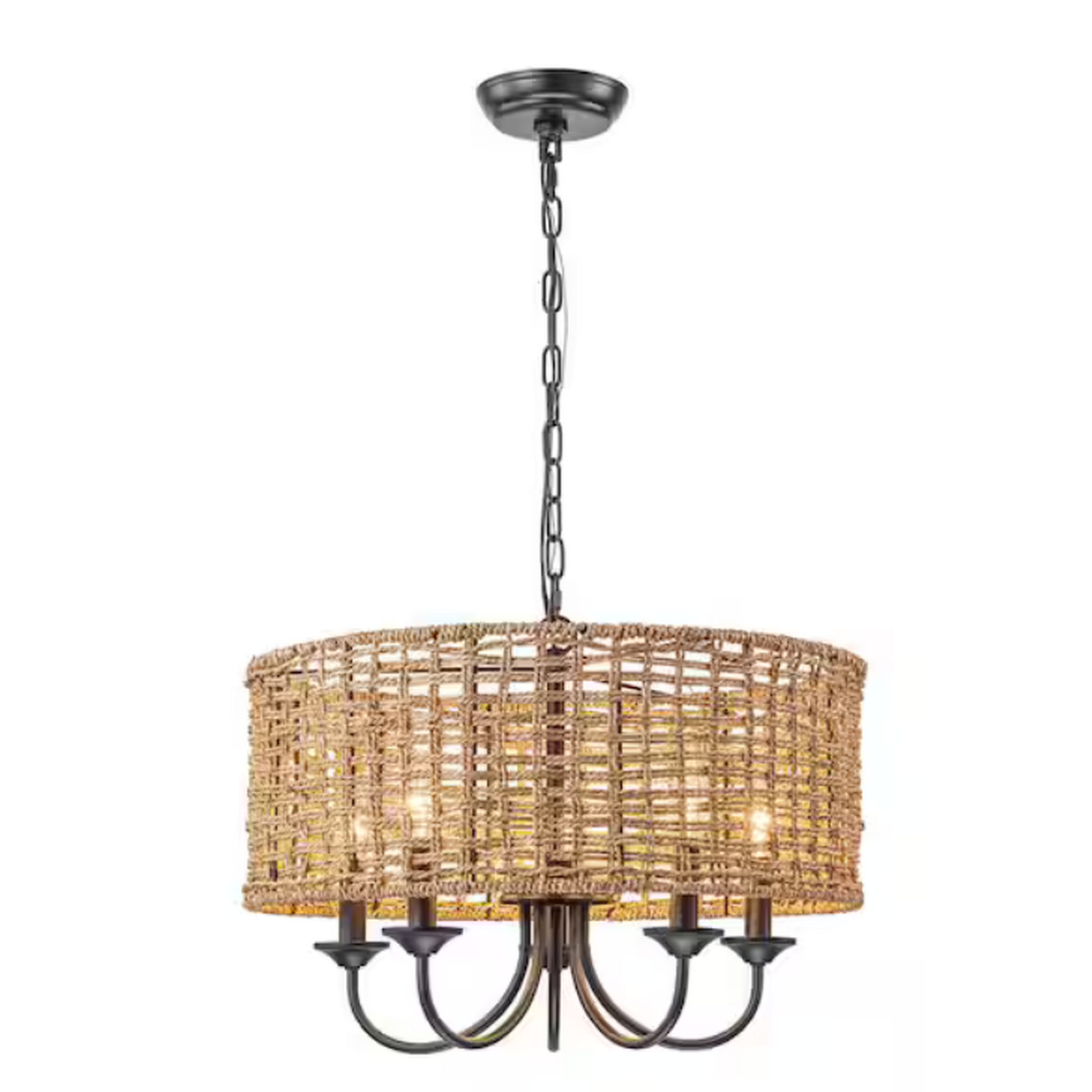5-Light Modern Rustic Hand-Woven Drum Chandelier with Farmhouse Natural Rattan Shade