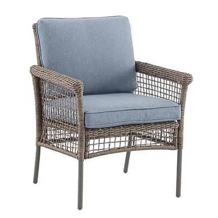Woven Tan Metal Frame Stationary Dining Chair with Light Blue Cushioned Seat (Added 07/30/2026)