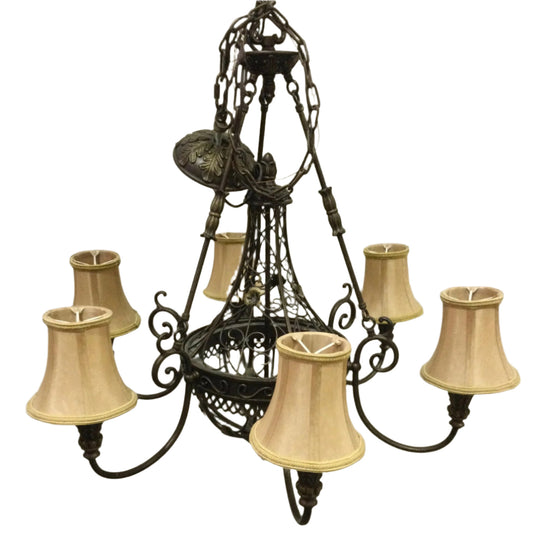 6-Light Antique Bronze Chandelier with Fabric Shades