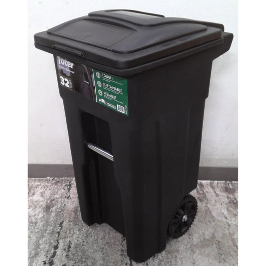 32 Gal. Black Outdoor Trash Can With Attached Lid And Wheels