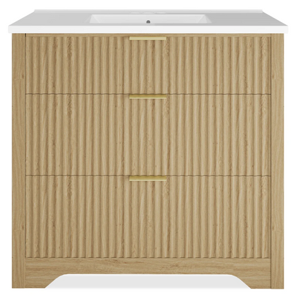 36" Grille Style Natural Oak Freestanding Bathroom Vanity with Sink and 2 Drawers