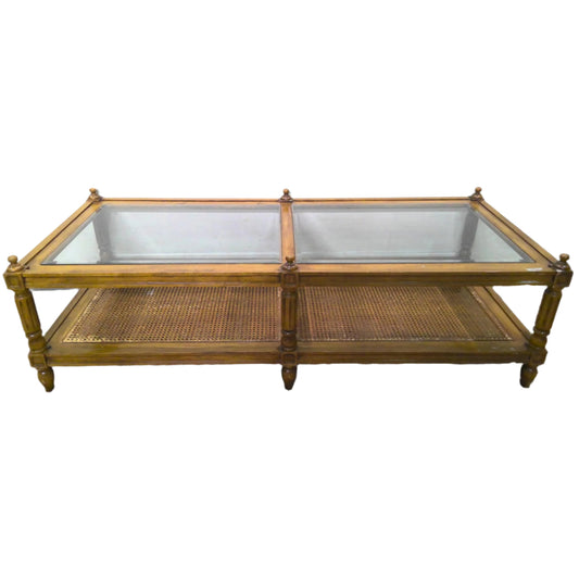 Glass-Top Coffee Table with Cane Shelf