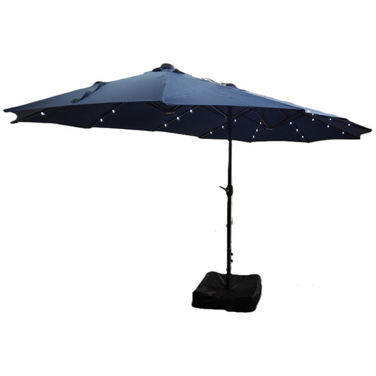 15 Foot Blue Patio Umbrella with Solar Lights