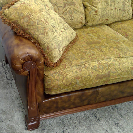 87" Brown Sofa with Tan Patterned Cushions
