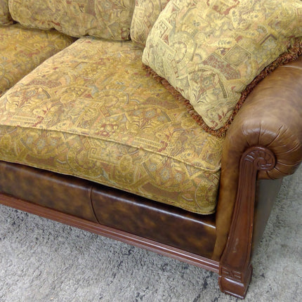 87" Brown Sofa with Tan Patterned Cushions