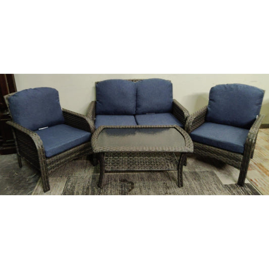 4 -Piece Rattan Patio Conversation Set with Blue Cushions