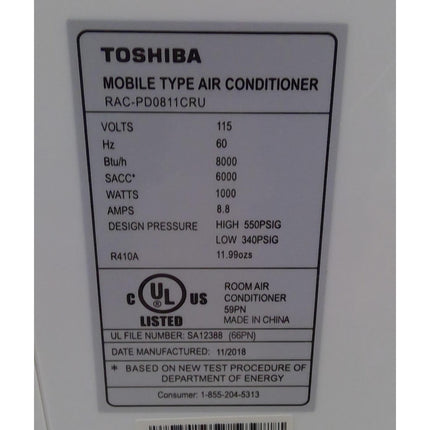 Toshiba Portable 10000 BTU Air Conditioner (Added 08/15/2026)