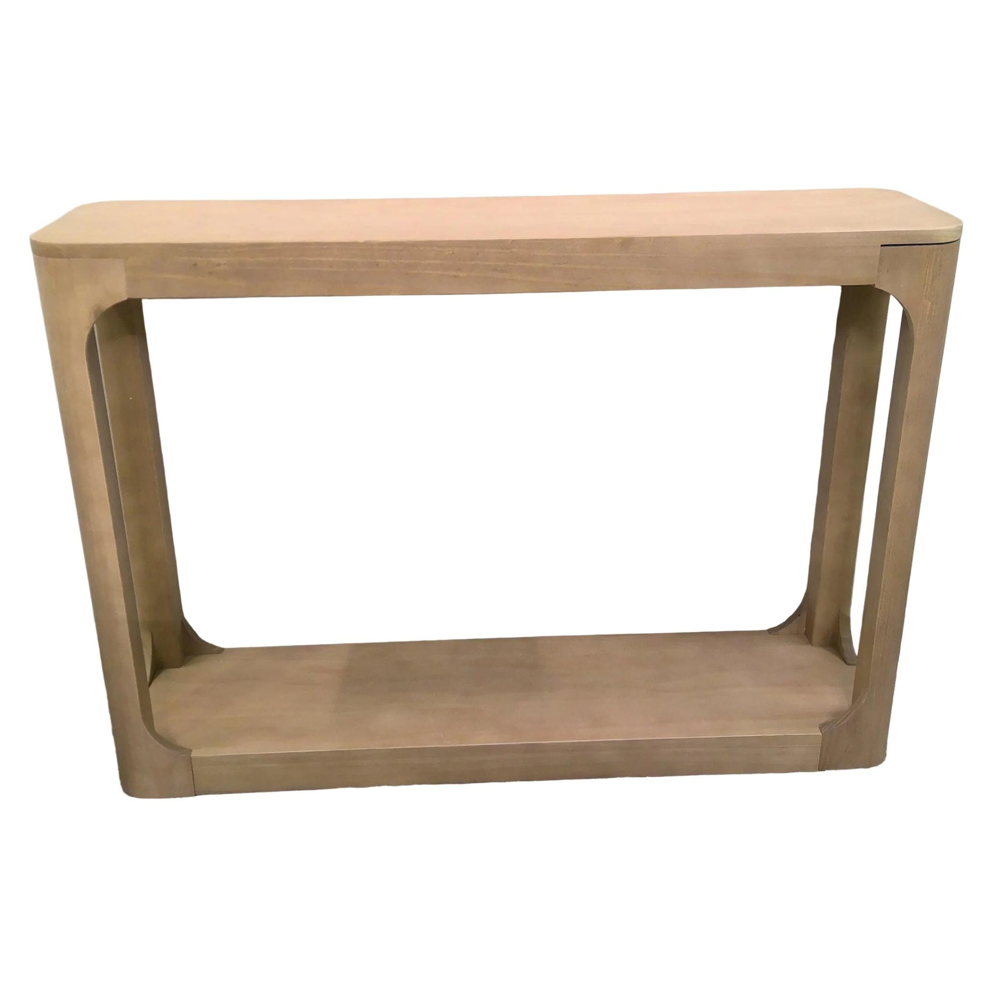 Natural wood console table with rounded corners against a white background