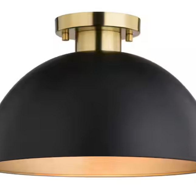 Matte Black and Gold Satin Brass LED Compatible Mid-Century Modern Semi Flush Mount Ceiling Light