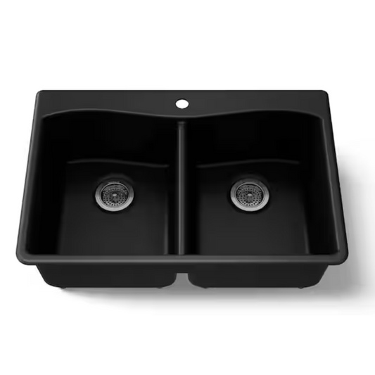33 in. Drop-In 1-Hole Double Bowl Neoroc Granite Composite Kitchen Sink in Matte Black