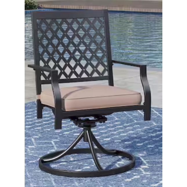 Black Metal Elegant Patio Outdoor Dining Swivel Chair with Beige Cushion