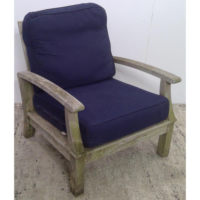 Outdoor Wood Armchair with Blue Cushions (Added 07/29/2026)
