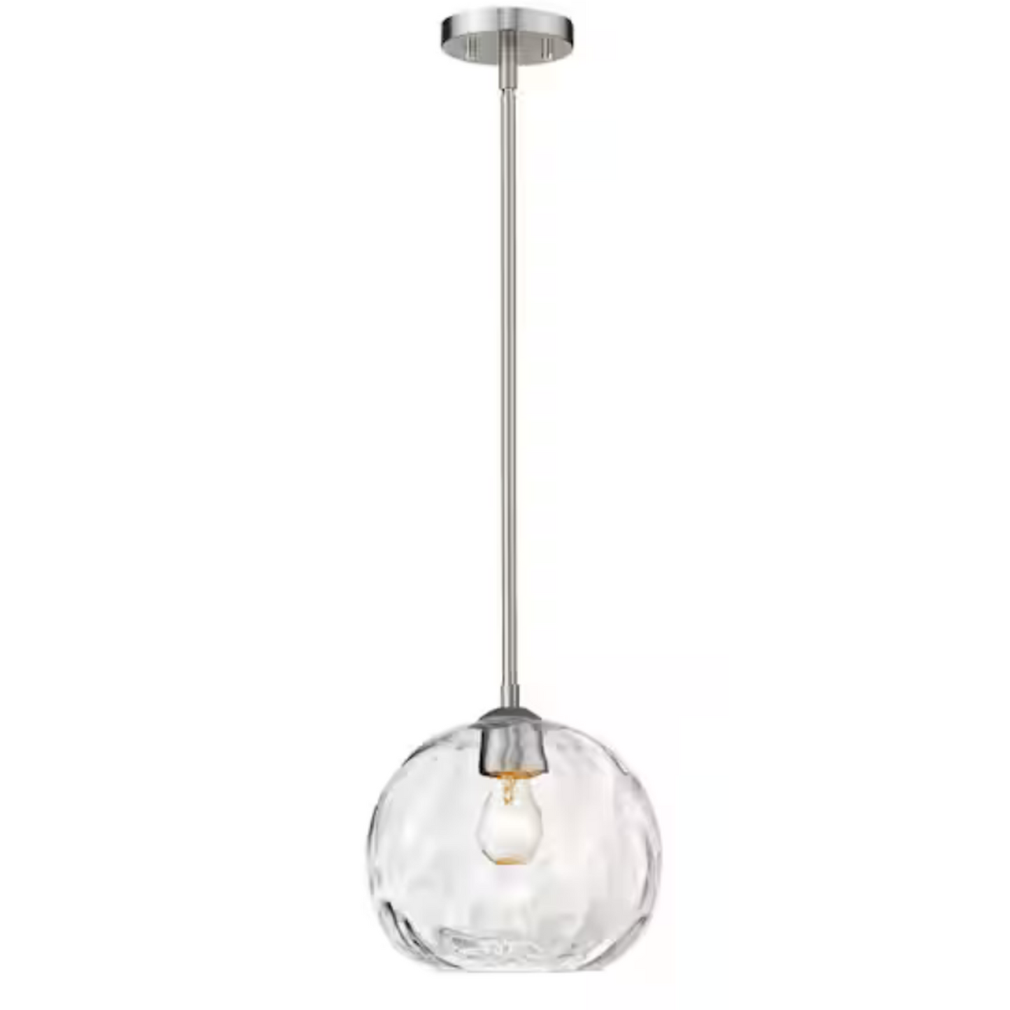 Clear glass pendant light with metallic fixture on a white background
