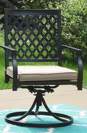 Black Metal Elegant Patio Outdoor Dining Swivel Chair with Beige Cushion