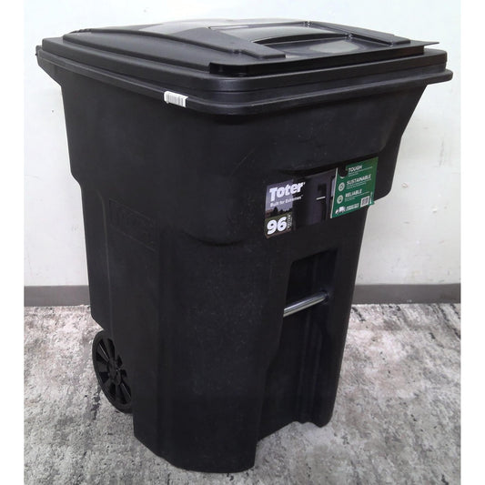 96 Gallon Black Rolling Outdoor Garbage/Trash Can with Wheels and Attached Lid