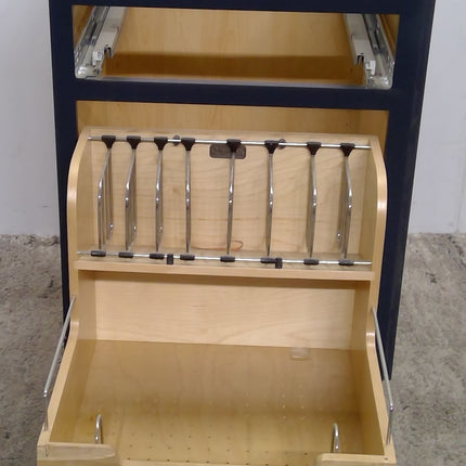 25" Blue Pullout Organizer Plywood Base Cabinet (Missing Drawer and Door)