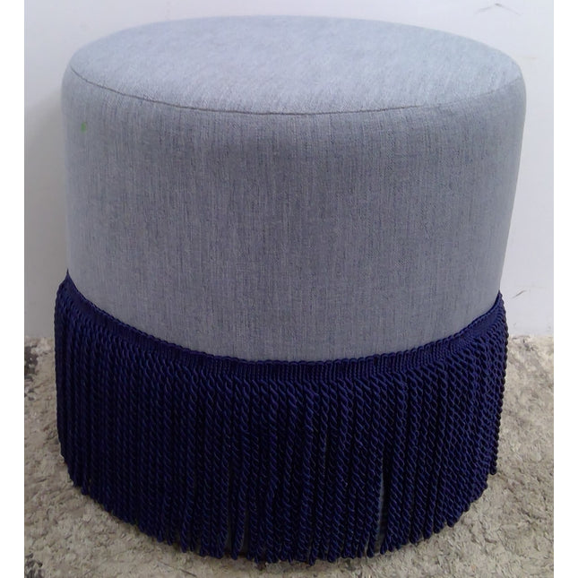18" Blue Round Ottoman with Fringe Detailing