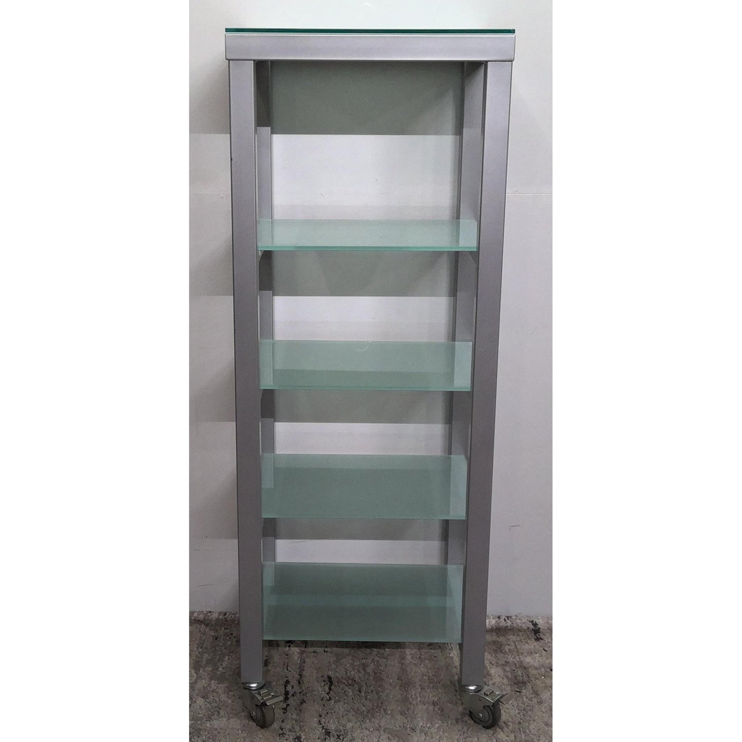 Rolling Metal and Glass Shelving Unit