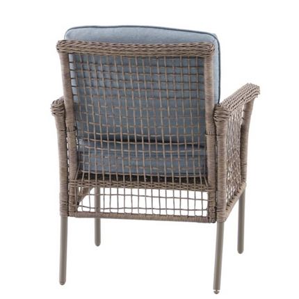 Woven Tan Metal Frame Stationary Dining Chair with Light Blue Cushioned Seat (Added 07/30/2026)