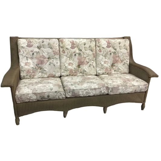 Wicker Outdoor 3-Seater Sofa with Floral Cushions, front of sofa