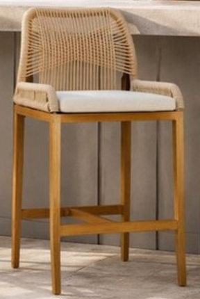 Handwoven Wicker and Wood Grain Outdoor Counter Height Chair with Waterproof Cushion