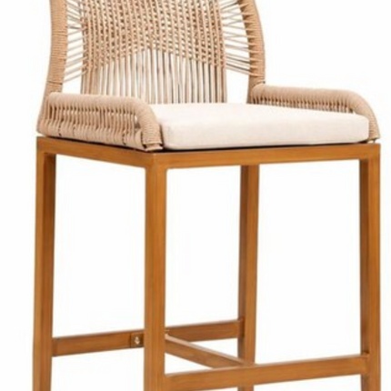 Handwoven Wicker and Wood Grain Outdoor Counter Height Chair with Waterproof Cushion