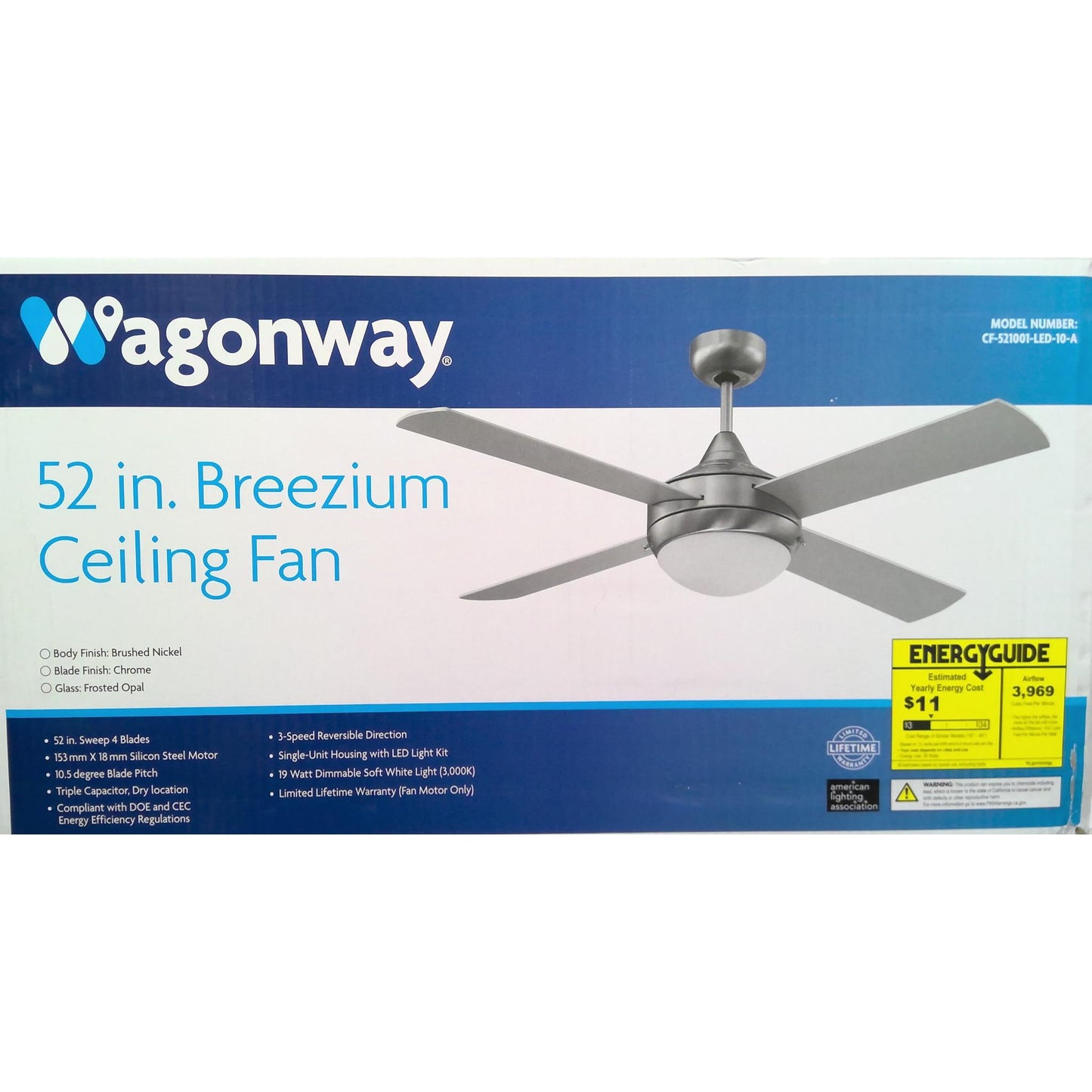 52" Brushed Nickel Ceiling Fan with LED Light
