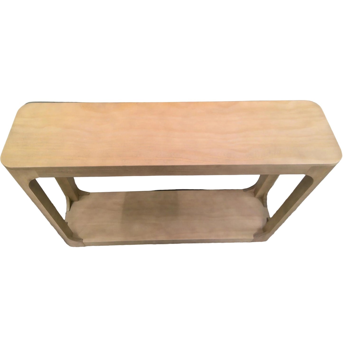 Natural wood console table with rounded corners, top.