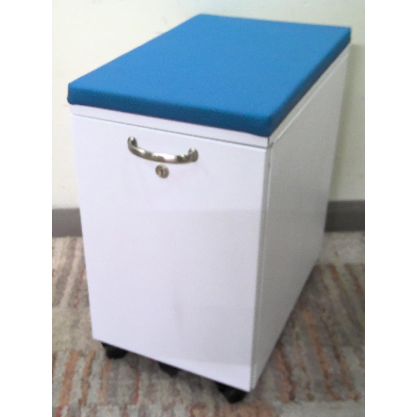 Rolling File Cabinet with Blue Cushion