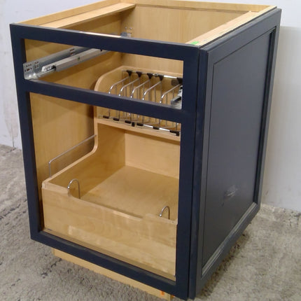 25" Blue Pullout Organizer Plywood Base Cabinet (Missing Drawer and Door)