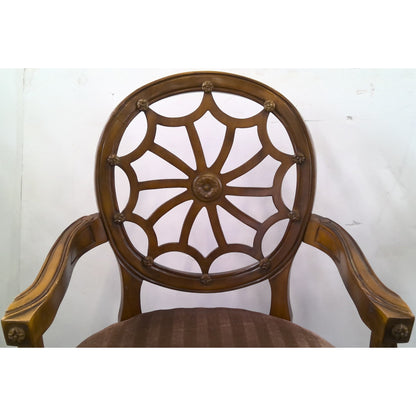 Carved Wood Armchair with Striped Seat