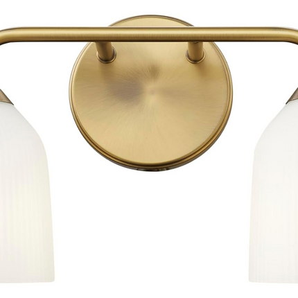 2 Light Vanity Light in Vintage Brass with Opal Ribbed Glass Shades
