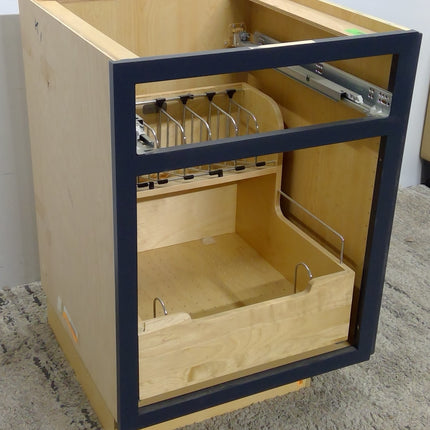 25" Blue Pullout Organizer Plywood Base Cabinet (Missing Drawer and Door)