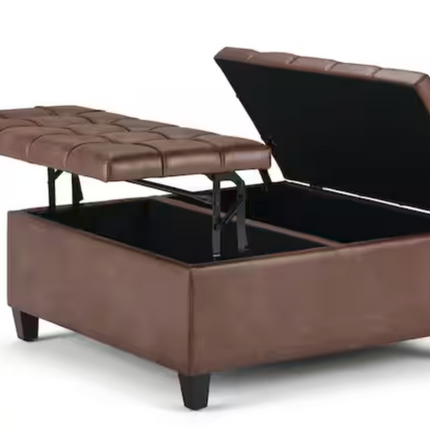 36 in. Wide Vegan Leather Coffee Table Storage Ottoman in Distressed Umber Brown
