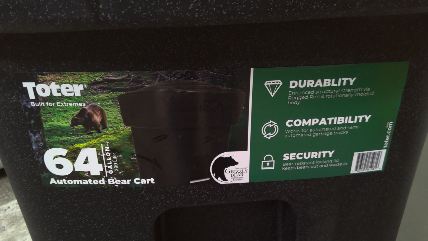 Bear Resistant 64 Gallon Black Polyethylene Wheeled Garbage Can With Lid