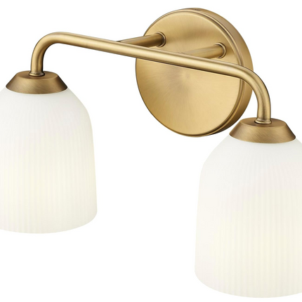 2 Light Vanity Light in Vintage Brass with Opal Ribbed Glass Shades