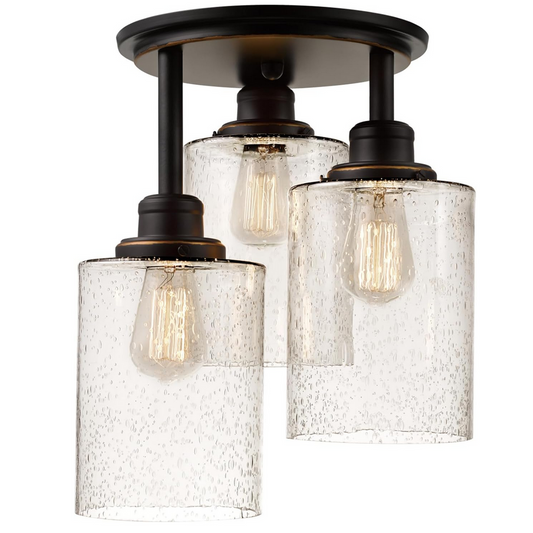 3-Light Bronze Semi-Flush Mount Ceiling Light Fixture with Seeded Glass Shades, front