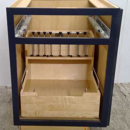 25" Blue Pullout Organizer Plywood Base Cabinet (Missing Drawer and Door)