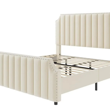 Queen Size Cream Velvet Upholstered Platform Bed Frame