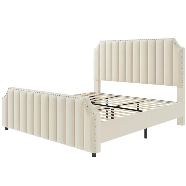 Queen Size Cream Velvet Upholstered Platform Bed Frame