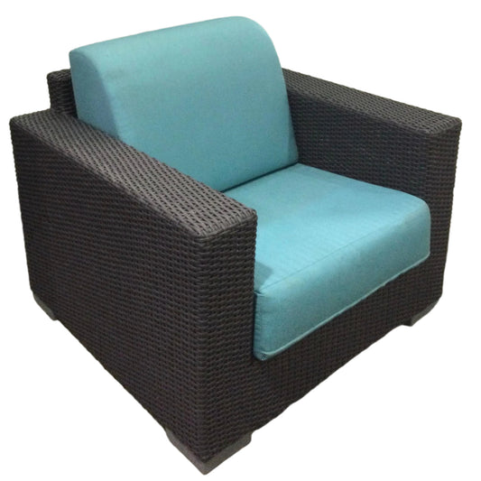 Outdoor Faux Rattan Armchair with Blue Cushions