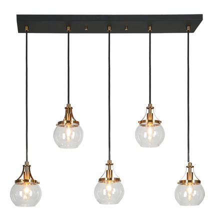 5-Light Black and Brass Glass Linear Island Light